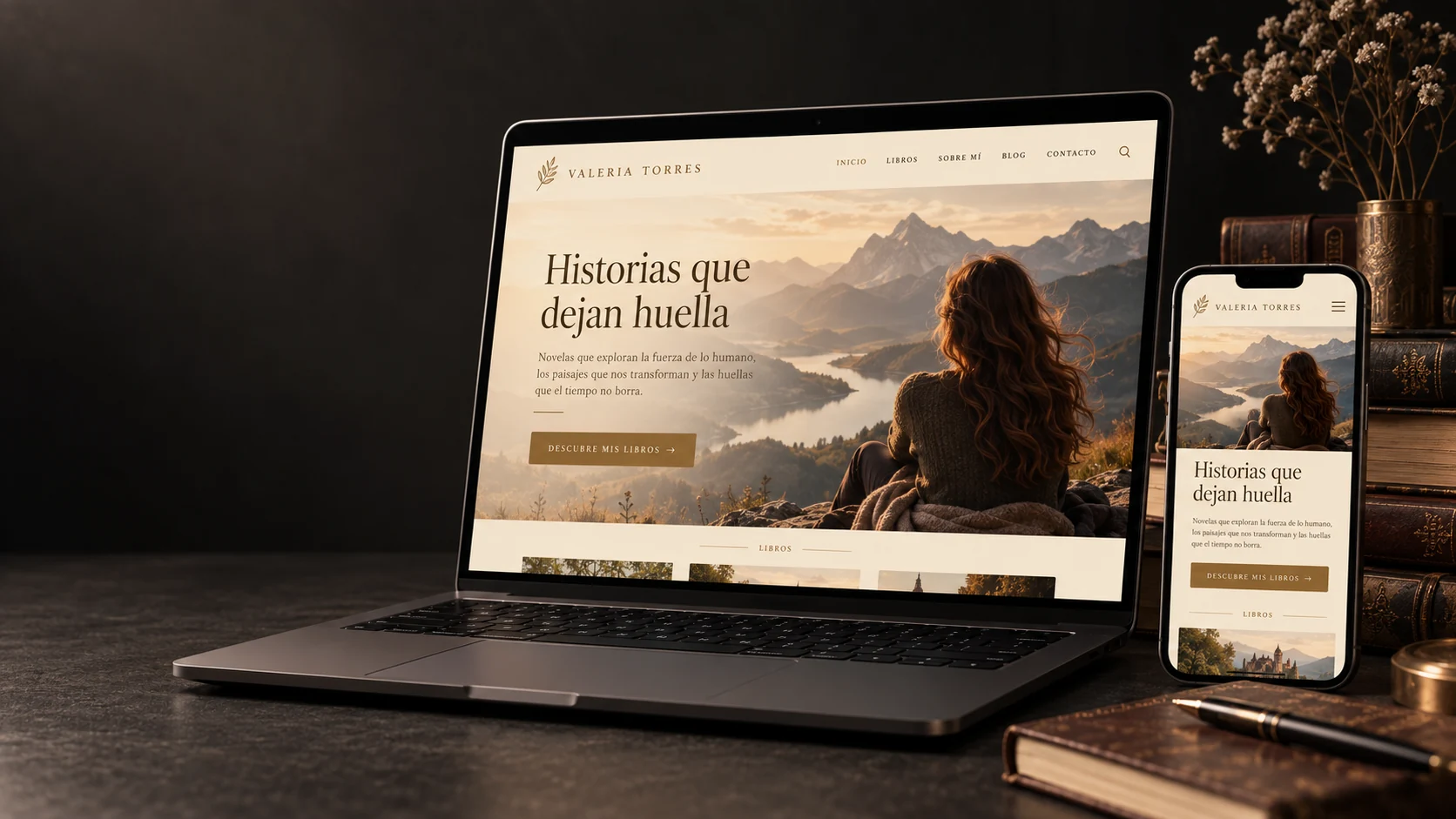 Muestra de sitio web de autor en computadora y teléfono